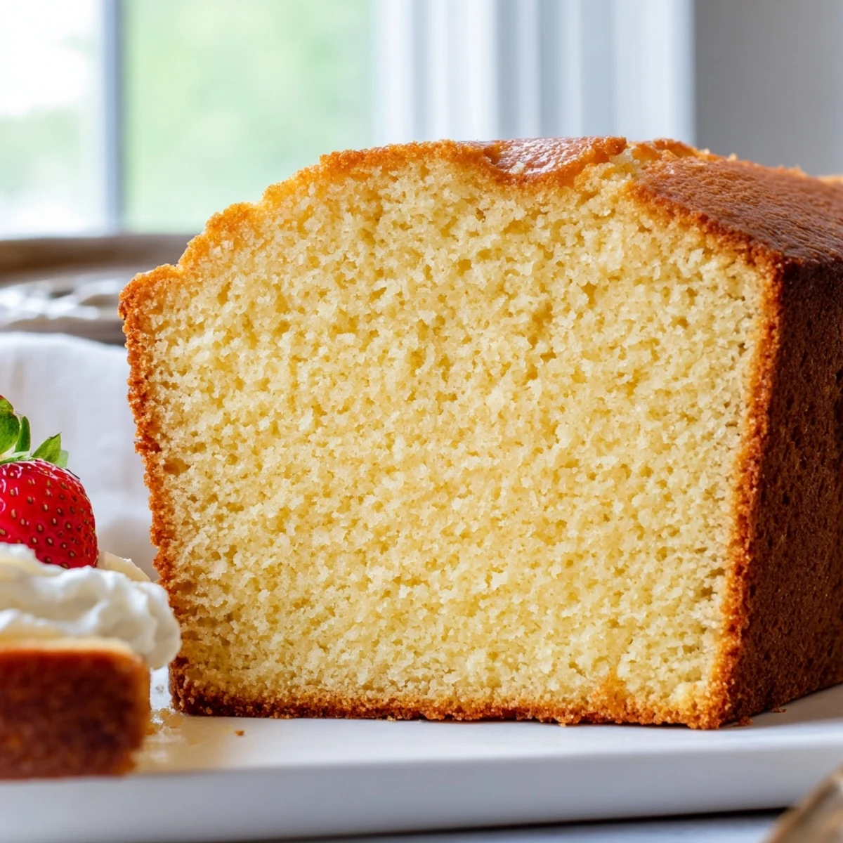 Thick slice of moist pound cake topped with fresh strawberries and cream