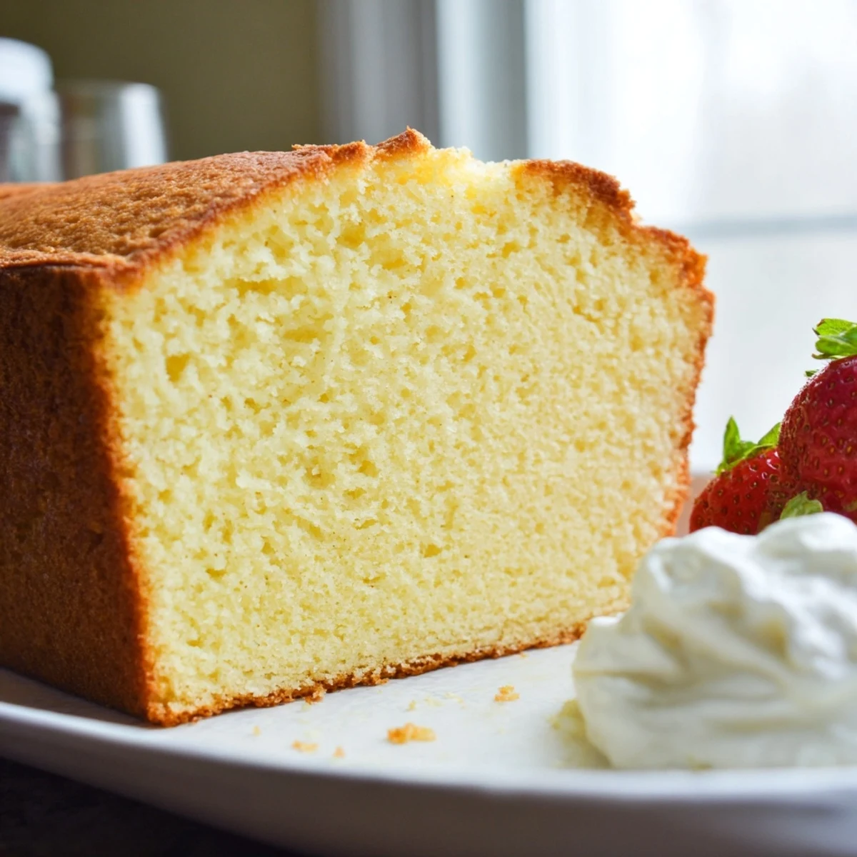 Classic homemade pound cake fresh from the oven with buttery edges