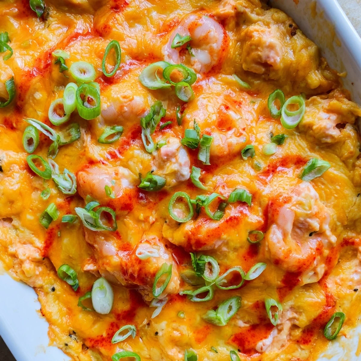 Creamy extra cheesy bang bang shrimp dip with golden bubbling mozzarella and cheddar topping