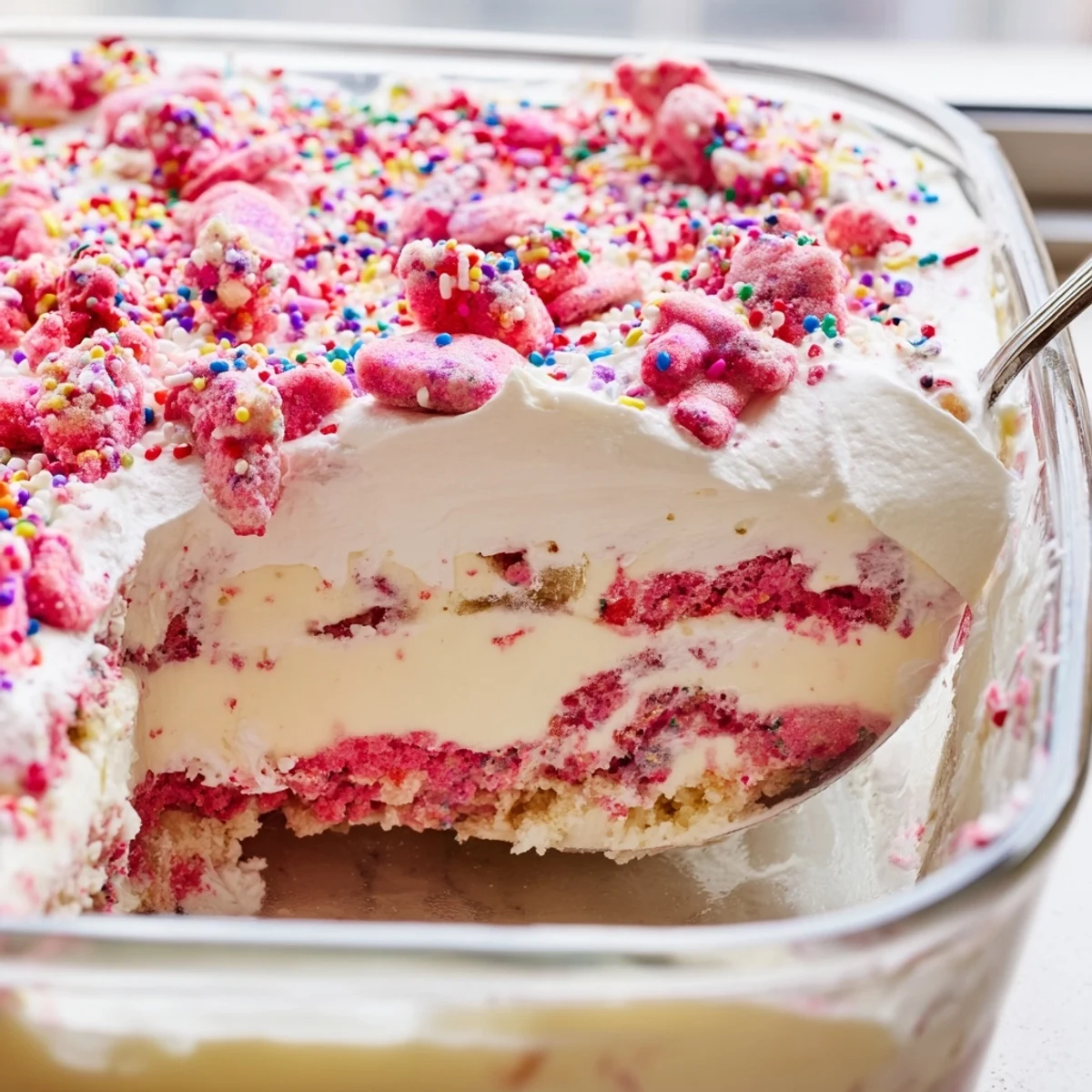 Circus Animal Cookie Lush sliced into squares revealing creamy pudding and cookie crust layers