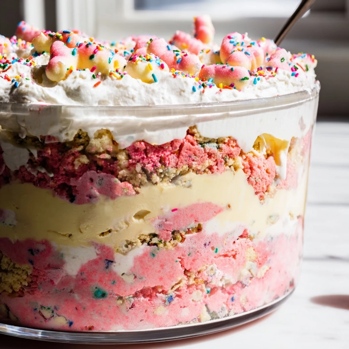 Frosted pink and white Circus Animal Cookie Lush topped with whipped cream and sprinkles
