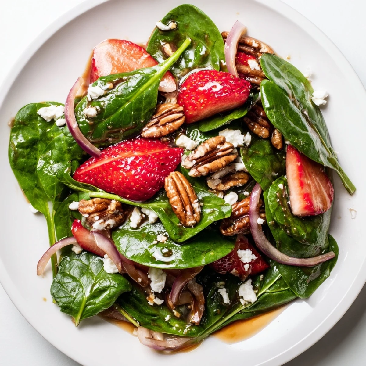 Fresh spinach strawberry salad with pecans drizzled with tangy balsamic vinaigrette in a wooden bowl