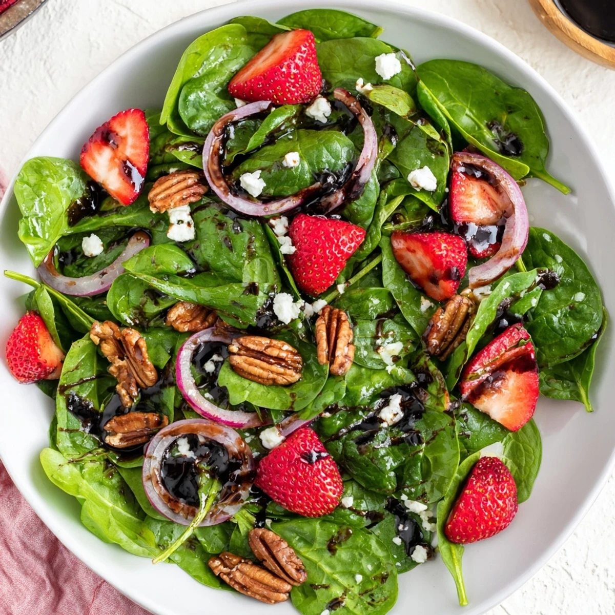 Colorful spinach strawberry salad with pecans served on a rustic plate with balsamic dressing