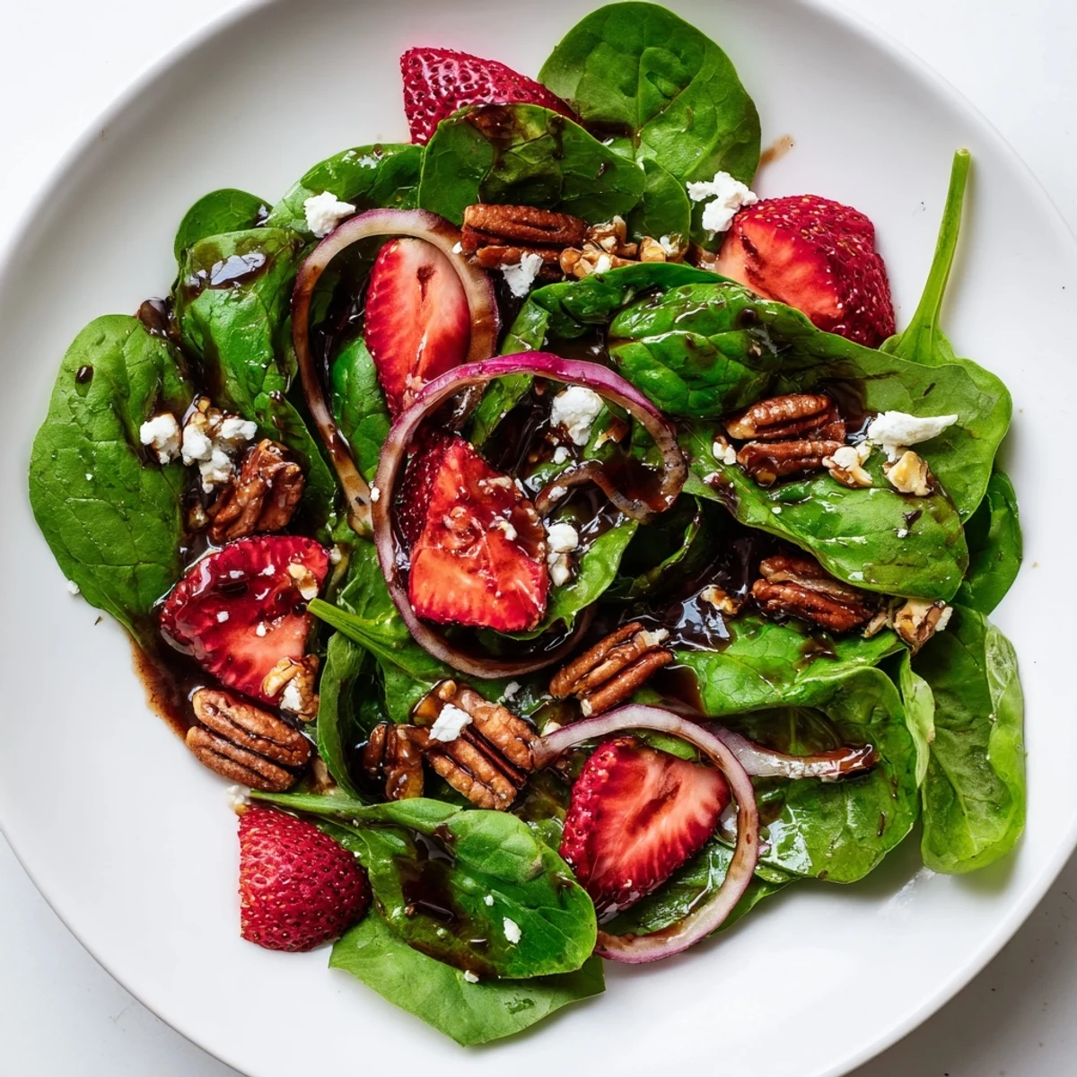 Vibrant spinach strawberry salad topped with crunchy toasted pecans and creamy goat cheese crumbles