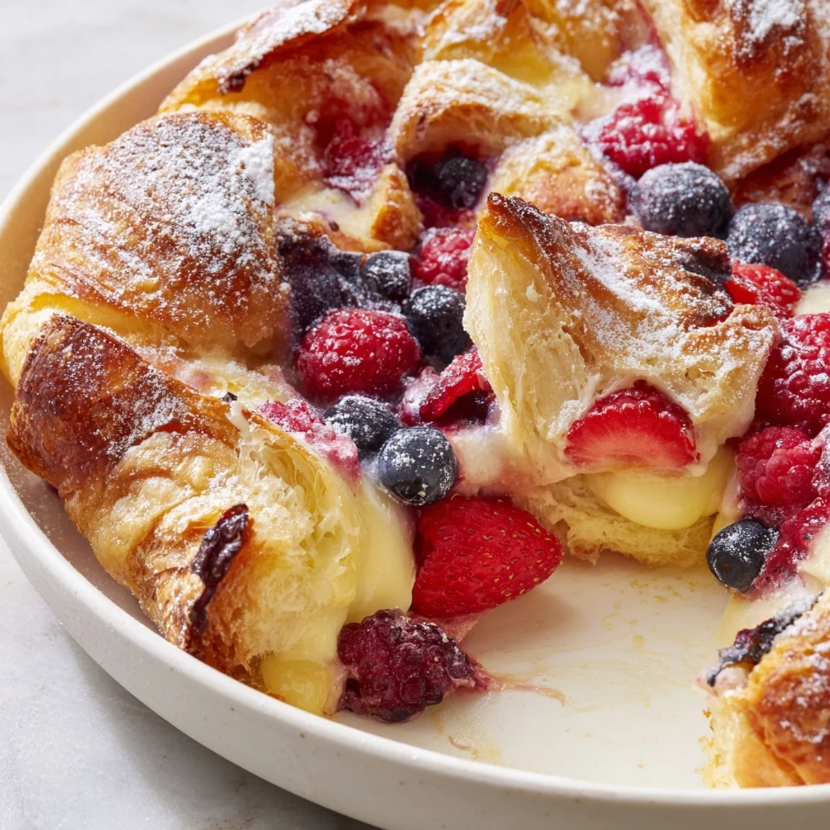 Golden berry croissant bake with bubbling custard and fresh raspberries in a casserole dish