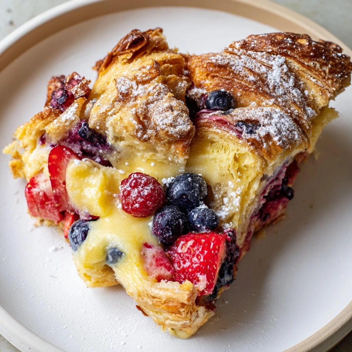 Berry croissant bake topped with powdered sugar beside a fork on a rustic plate