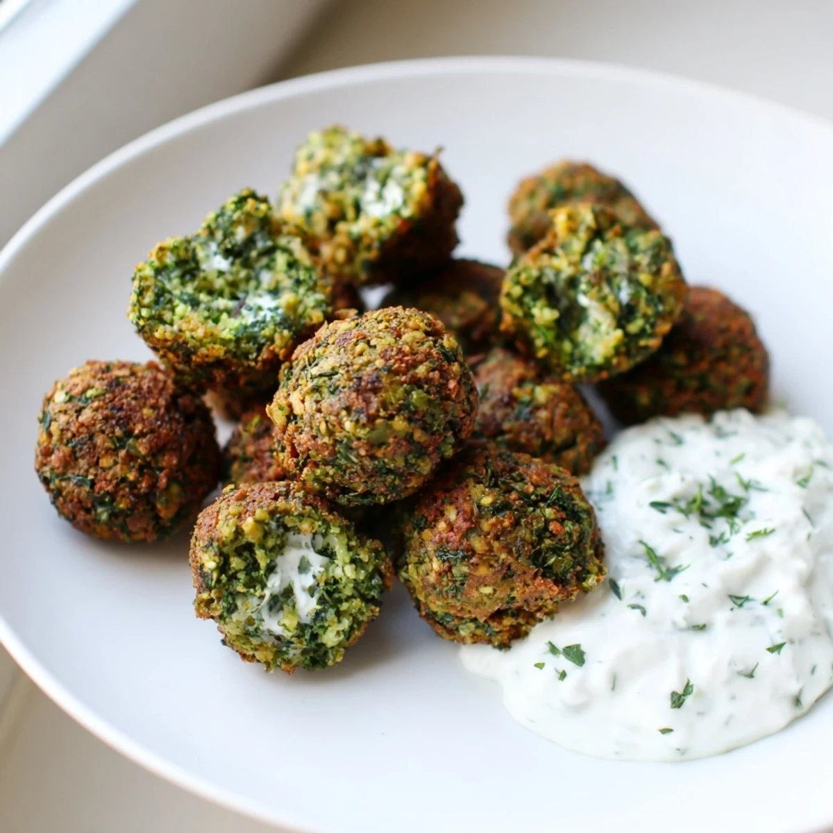 Crispy herb falafel bites with golden crusts arranged beside a bowl of creamy garlic yogurt sauce