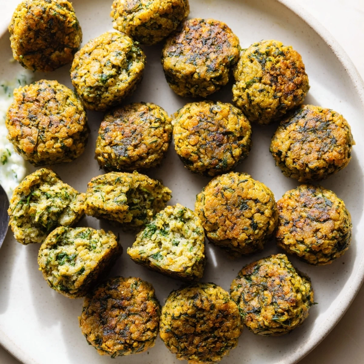 Fried falafel bites studded with green herbs served on a platter with tangy garlic yogurt sauce