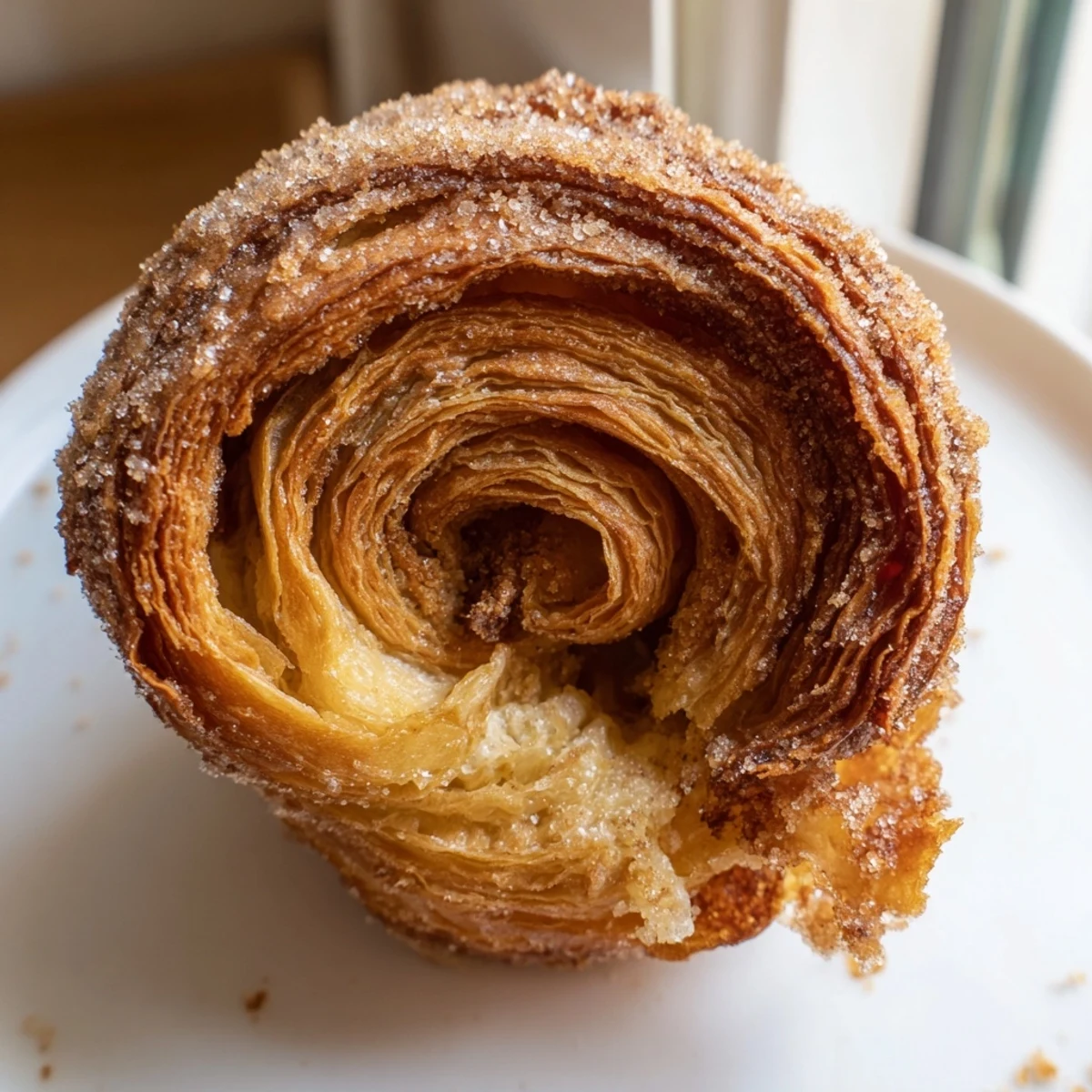 Warm cruffins dusted with cinnamon sugar showcasing buttery spiral pastry layers