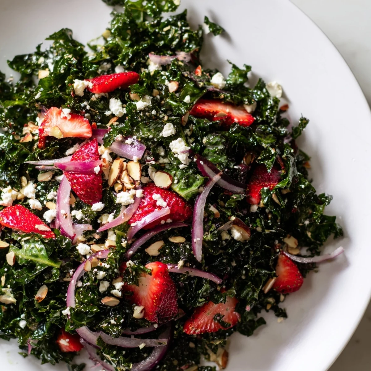 Crisp kale leaves topped with juicy strawberries and tangy honey lemon vinaigrette