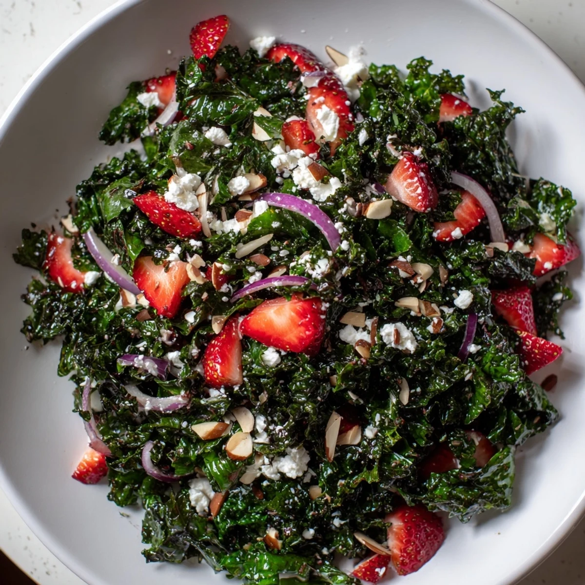 Bright strawberry kale salad drizzled with honey lemon dressing and crumbled feta cheese