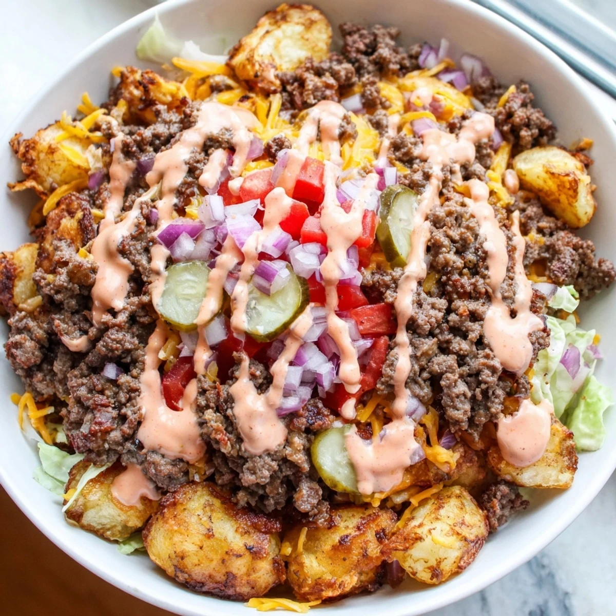 Loaded Smash Burger Bowls with golden crispy potatoes and creamy special sauce