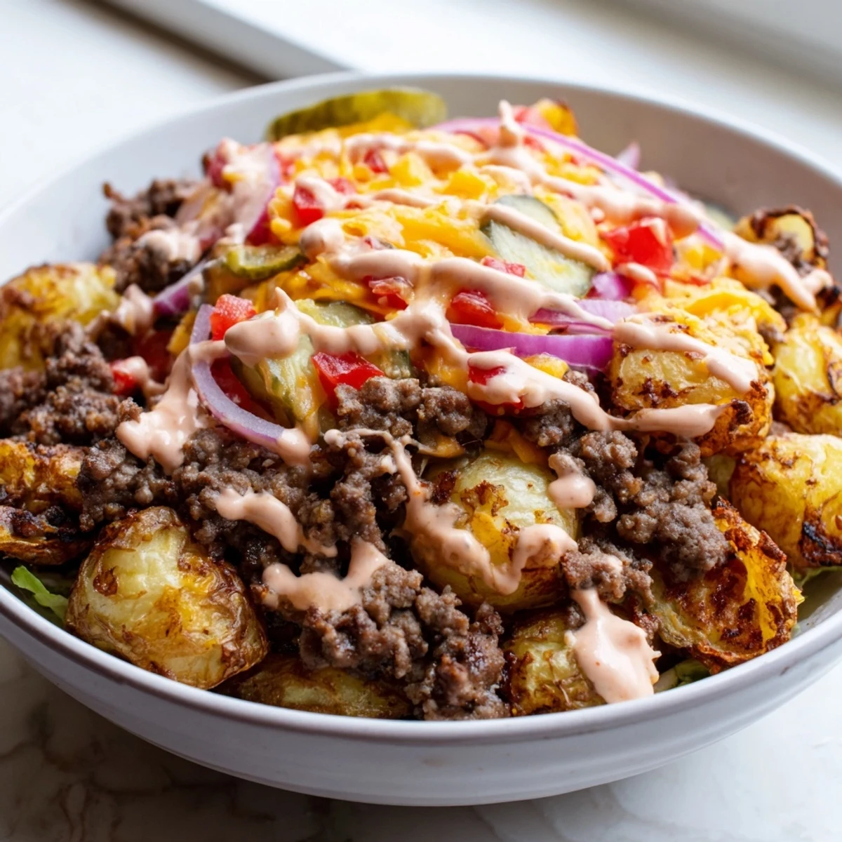 Juicy crumbled beef over crispy potatoes in Loaded Smash Burger Bowls with toppings