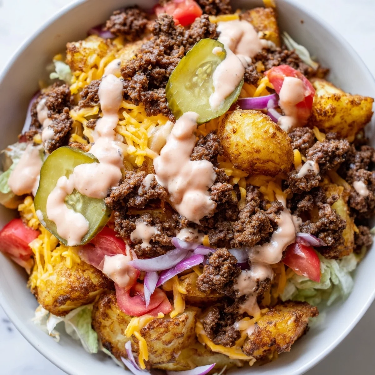 Loaded Smash Burger Bowls topped with melted cheddar pickles and tangy sauce