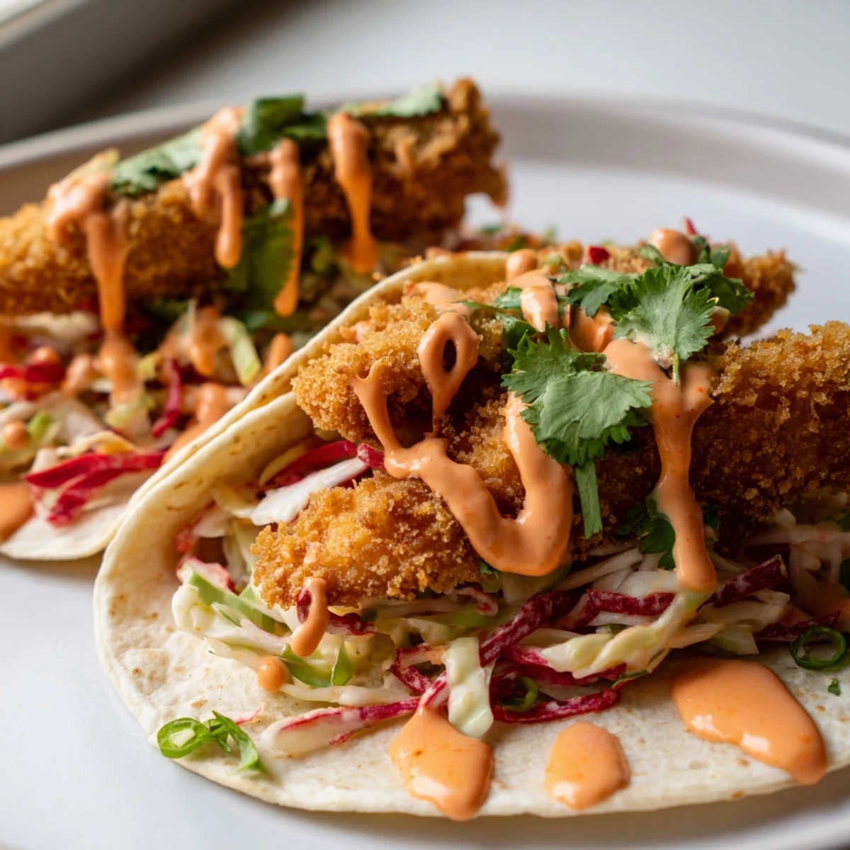 Golden crispy fish pieces topped with spicy bang bang sauce in warm tortillas with crunchy slaw.
