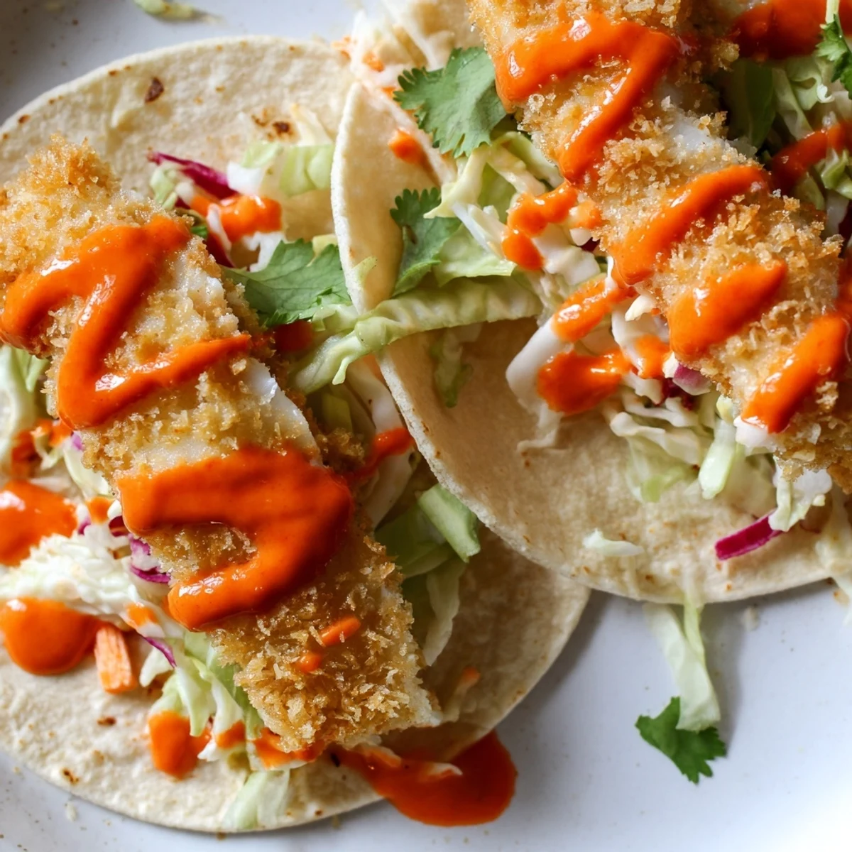 Bang bang fish tacos loaded with creamy lime slaw and drizzled sweet chili sauce.