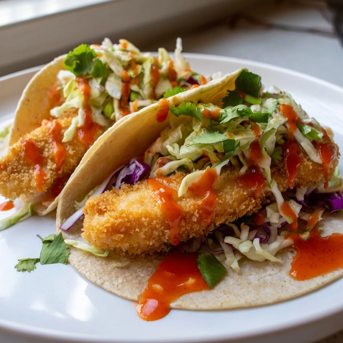 Crispy panko fried fish nestled in corn tortillas with vibrant cabbage and tangy bang bang drizzle.