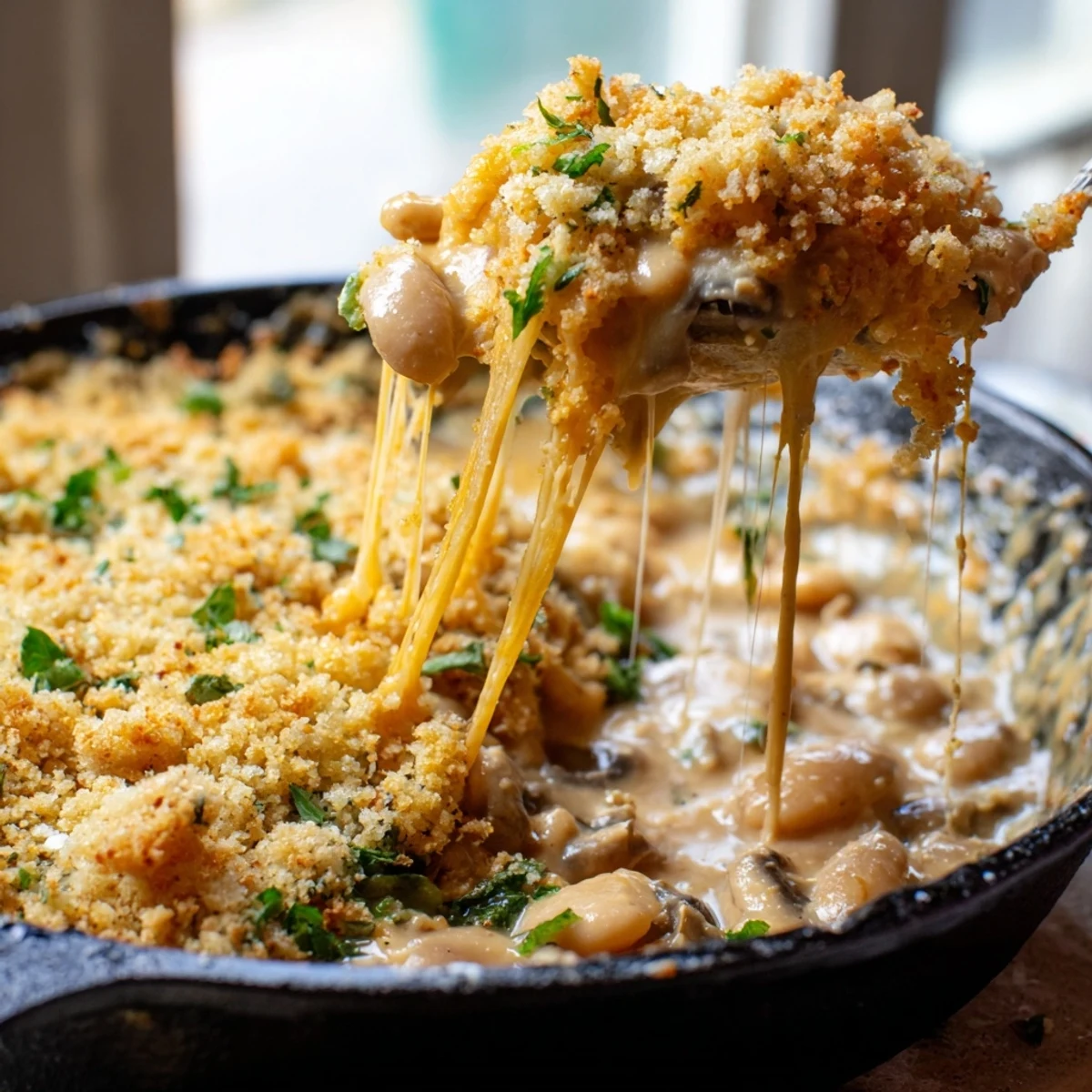 Creamy spiced white beans with mushrooms bubbling under a golden cheddar herb crust