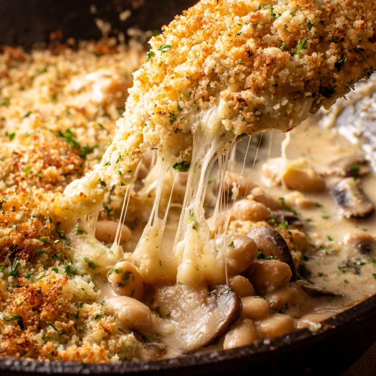 Tender white beans and earthy mushrooms in a rich smoky cream sauce with melted cheddar