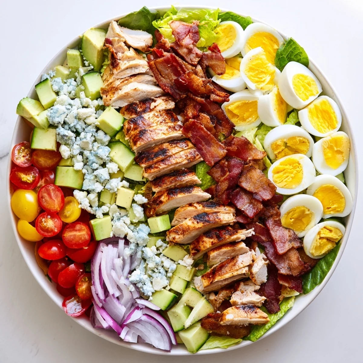 Colorful Cobb Salad Recipe arranged in neat rows with grilled chicken and crumbled bacon