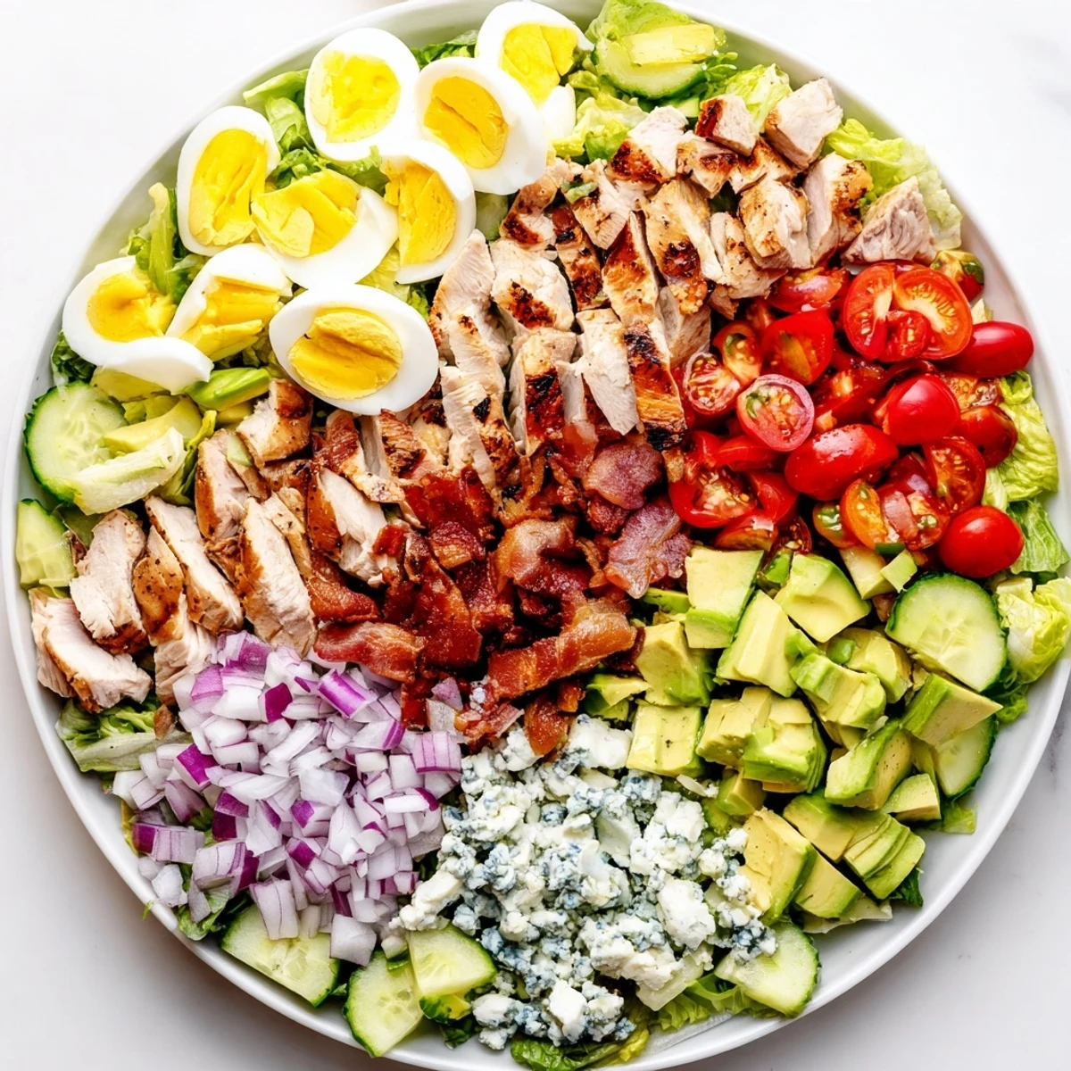 Classic Cobb Salad Recipe topped with creamy avocado, blue cheese, and hard-boiled eggs