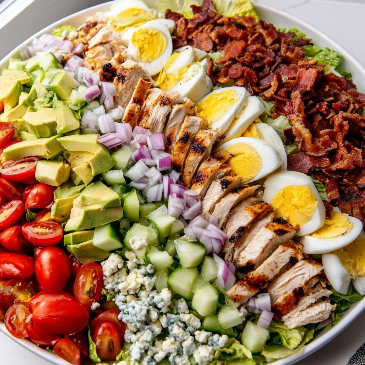 Fresh Cobb Salad Recipe drizzled with tangy vinaigrette on a rustic serving platter