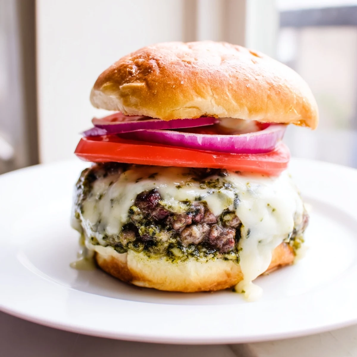 Juicy pesto garlic burgers with melted cheese and creamy garlic mayo on toasted golden buns.