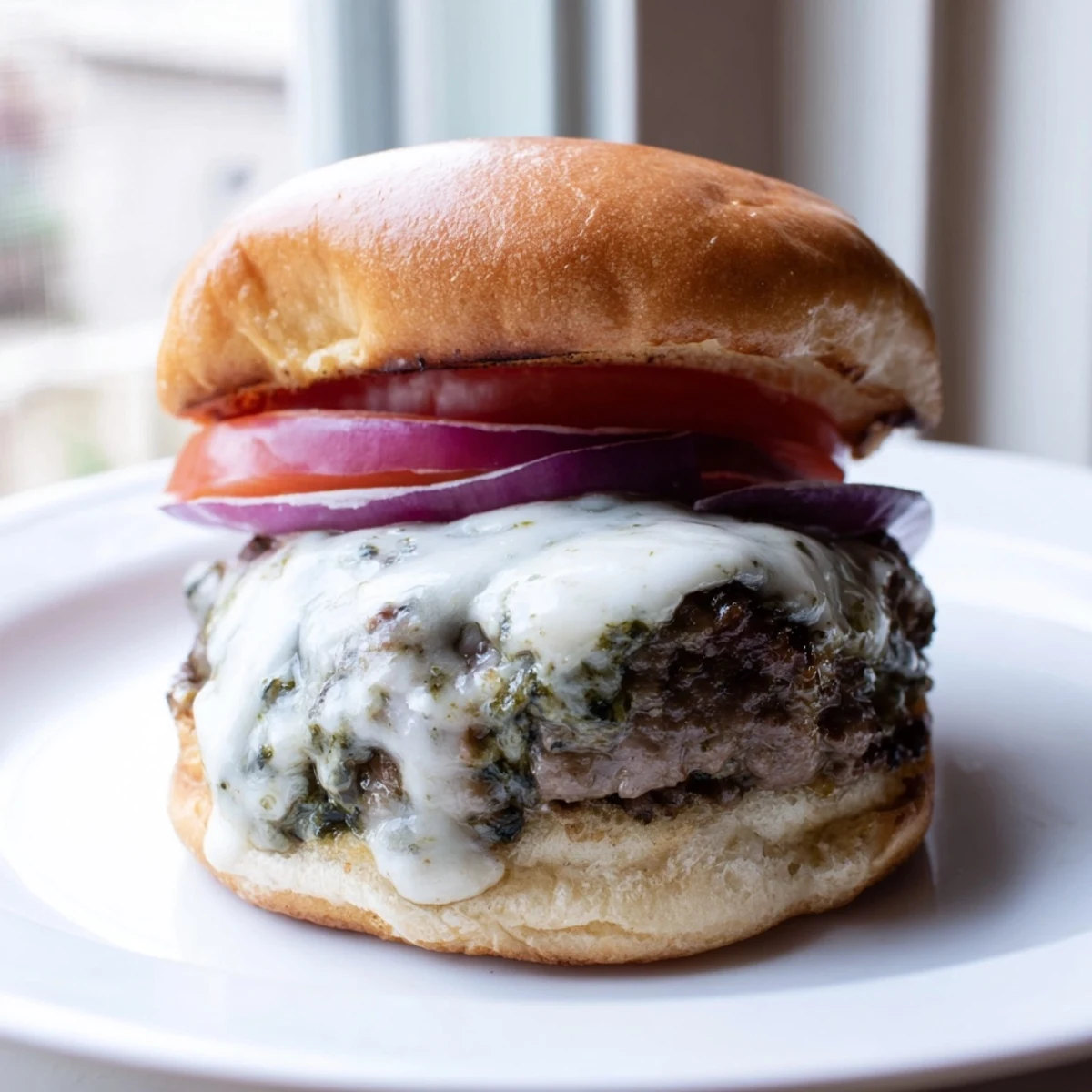 Pesto garlic burgers with creamy garlic mayo, crisp lettuce, and melted provolone on a toasted bun.