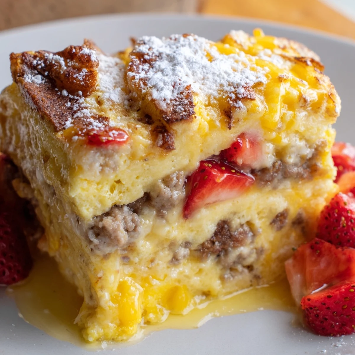 Golden Overnight Pancake Breakfast Bake with melted cheddar and maple syrup drizzle