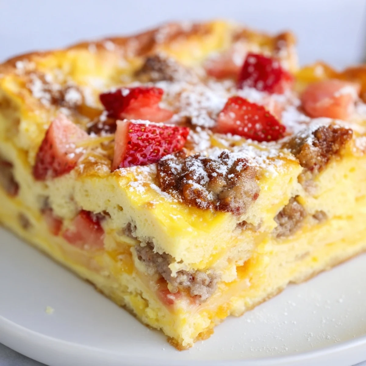 Fluffy Overnight Pancake Breakfast Bake topped with powdered sugar and fresh berries