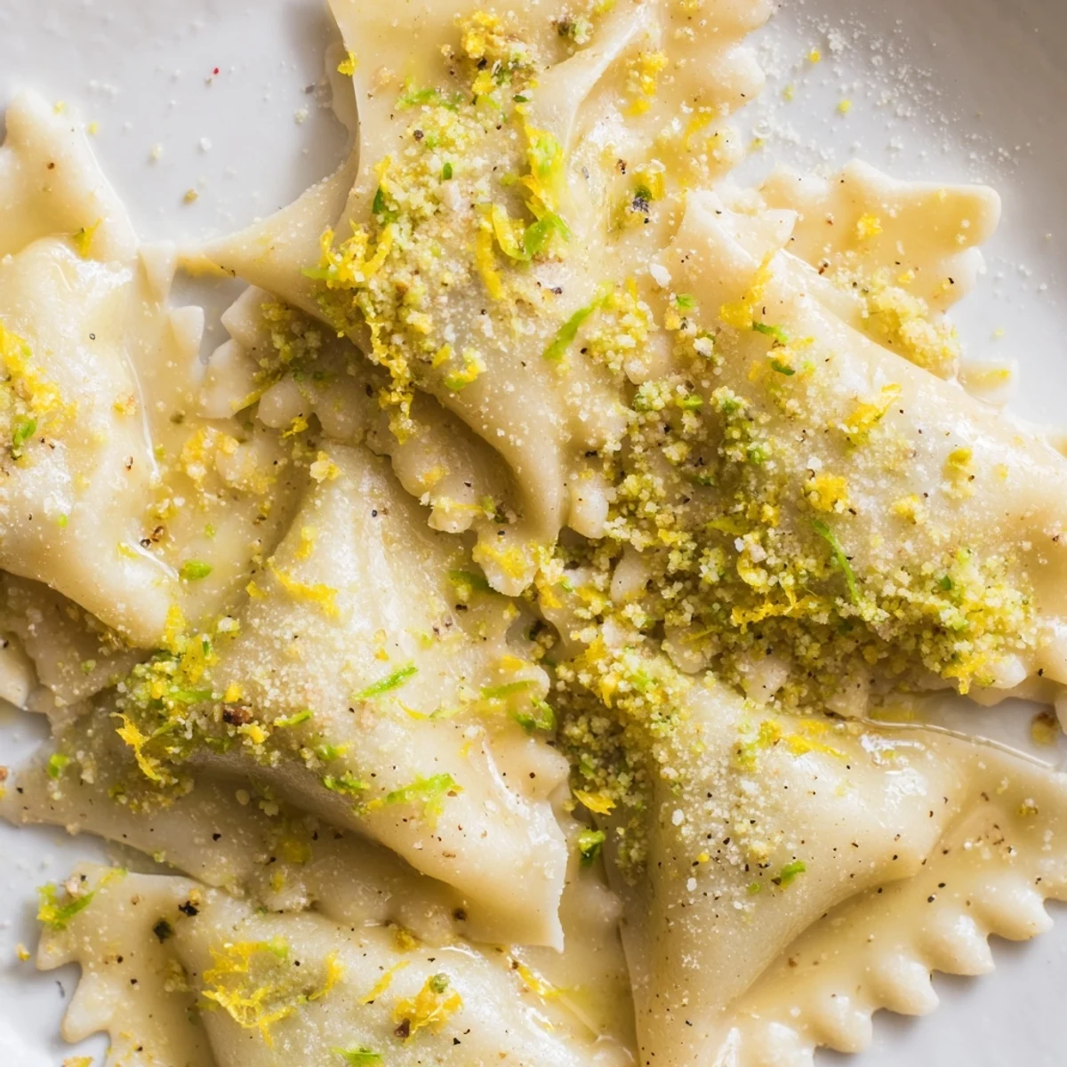 Golden leek burrata triangoli plated with crispy lemon butter breadcrumbs and fresh parsley
