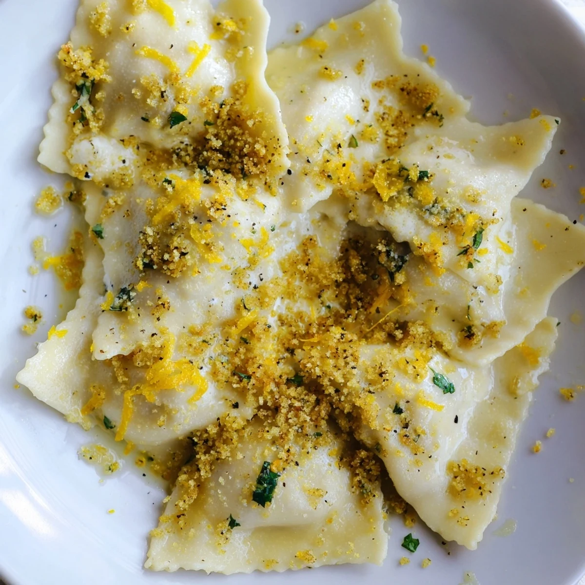 Creamy burrata and leek triangoli drizzled with bright lemon butter sauce on a white plate