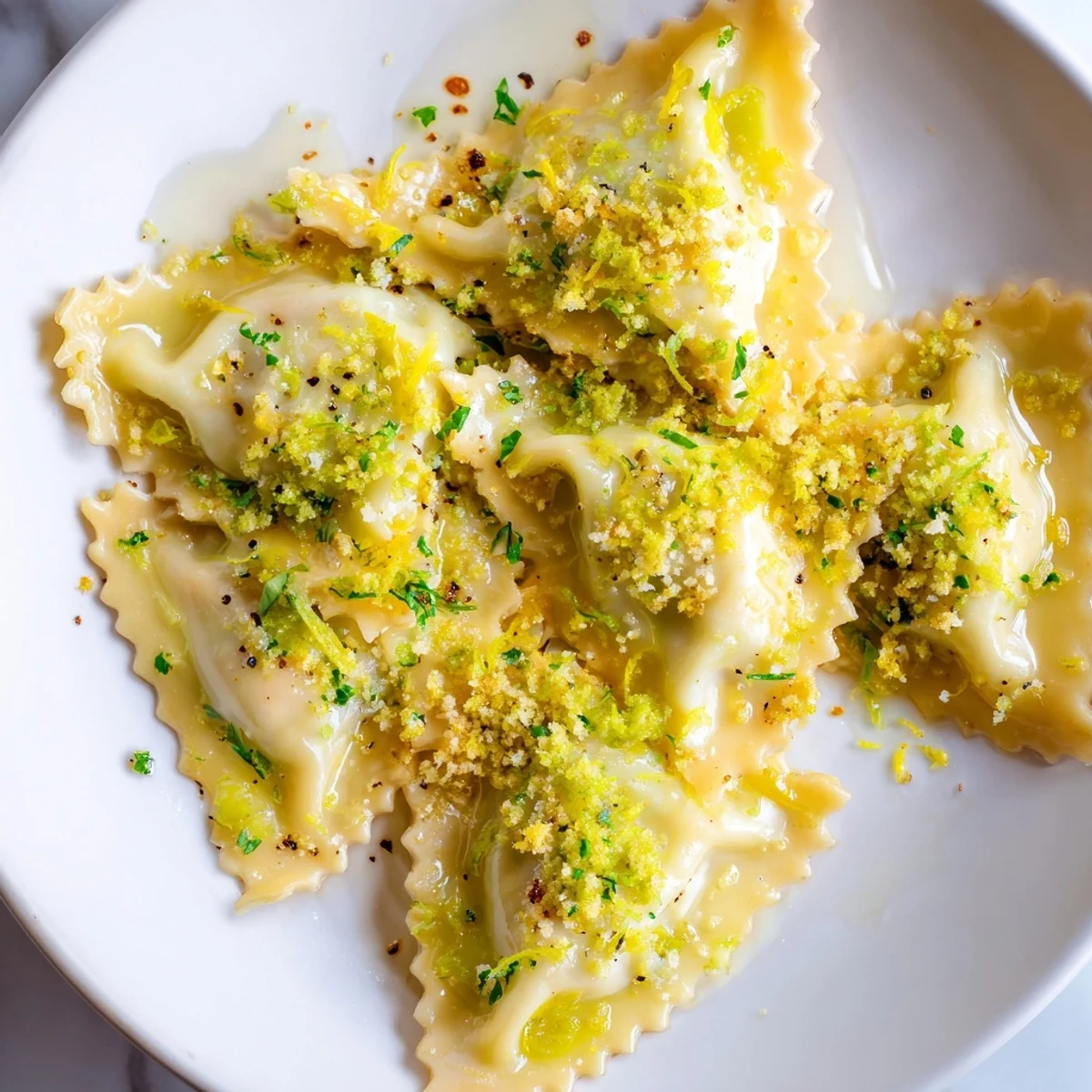 Homemade leek burrata triangoli tossed in lemon butter and topped with toasted golden breadcrumbs