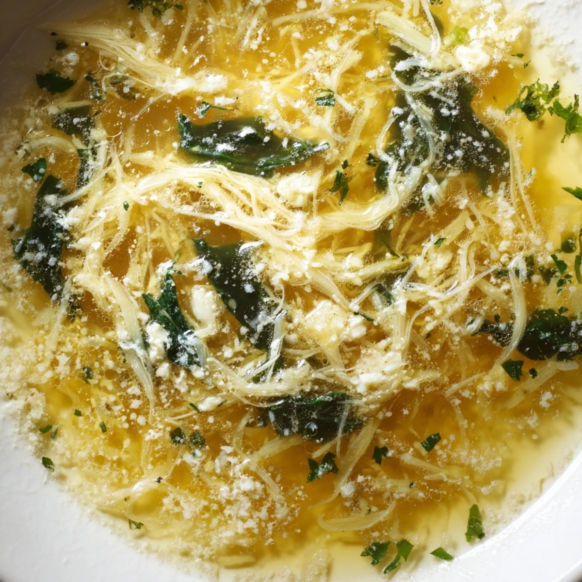 Steaming bowl of Stracciatella Soup with golden egg ribbons and wilted spinach
