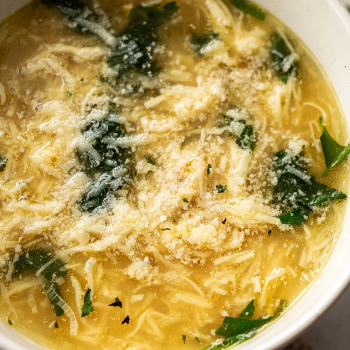 Stracciatella Soup ladled into a white bowl topped with grated Parmesan cheese