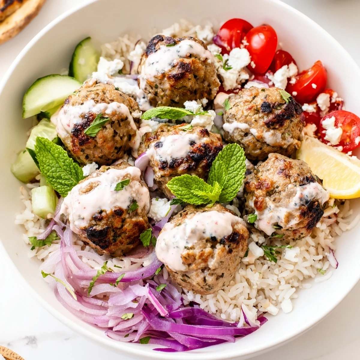 Golden zaatar-spiced turkey meatballs nestled over fluffy rice with crisp vegetables and creamy tahini drizzle