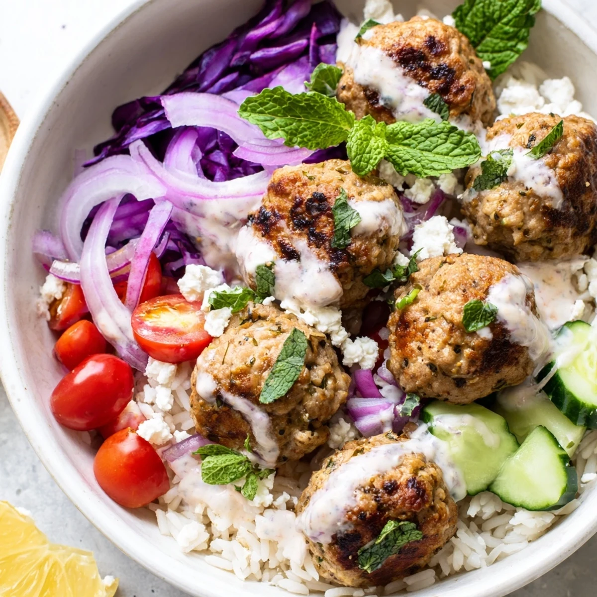 Mediterranean Zaatar Turkey Meatball Bowls topped with colorful fresh veggies and a rich tahini sauce
