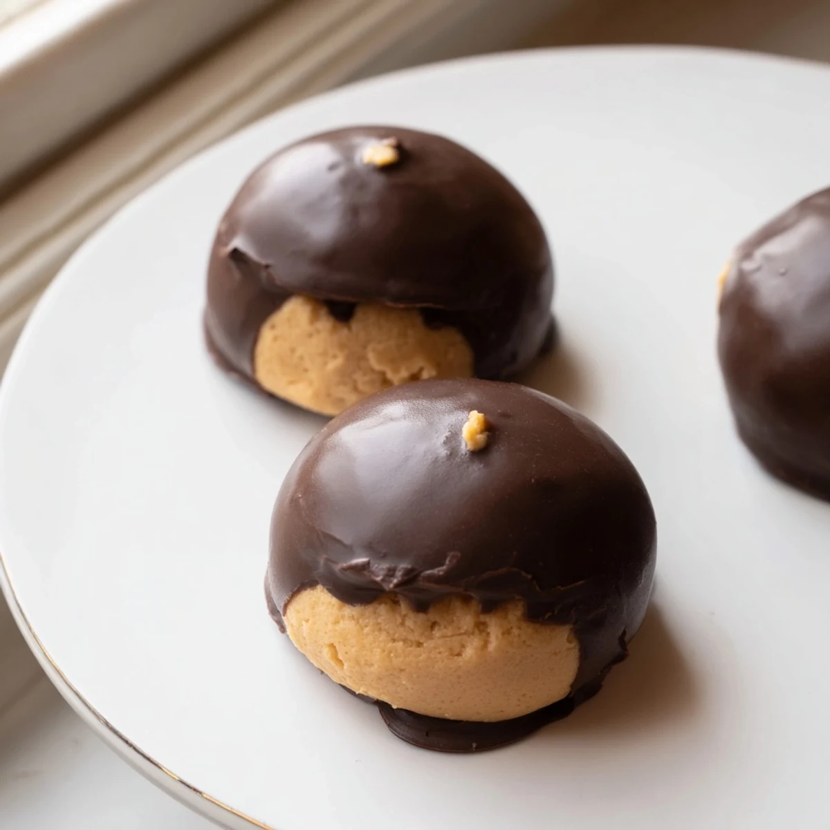 Buckeye Cookies with creamy peanut butter centers partially dipped in glossy chocolate