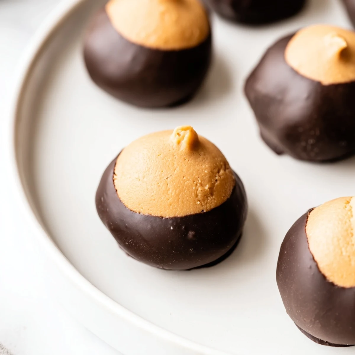 Golden peanut butter balls dipped in rich chocolate to make classic Buckeye Cookies