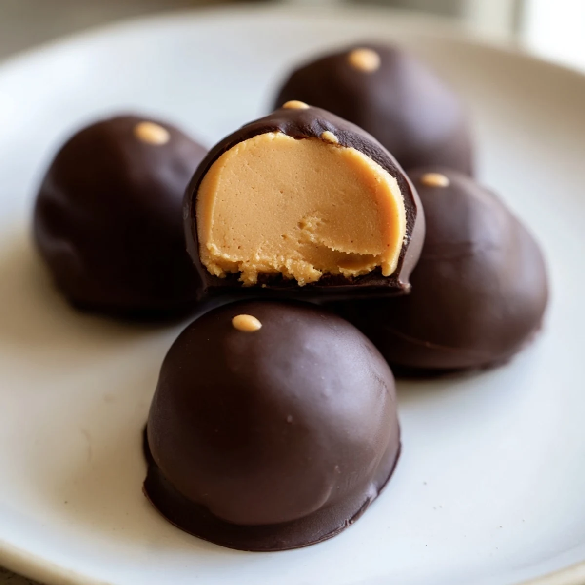 Homemade Buckeye Cookies arranged on a parchment-lined tray with smooth chocolate coating