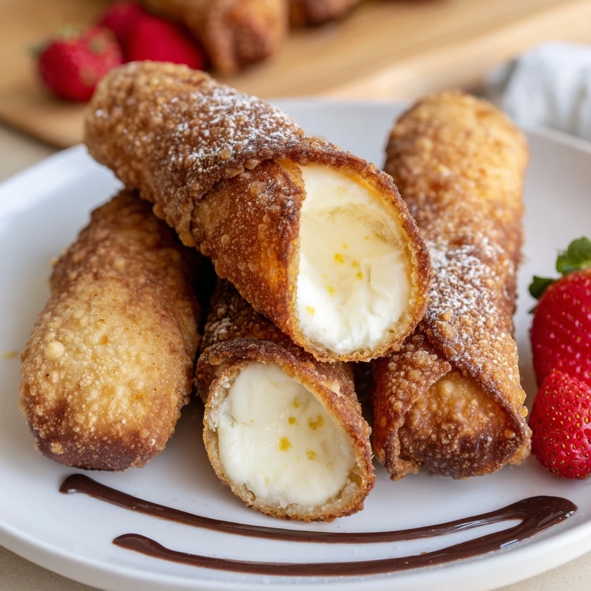 Crispy golden cheesecake egg rolls dusted with powdered sugar on a rustic plate