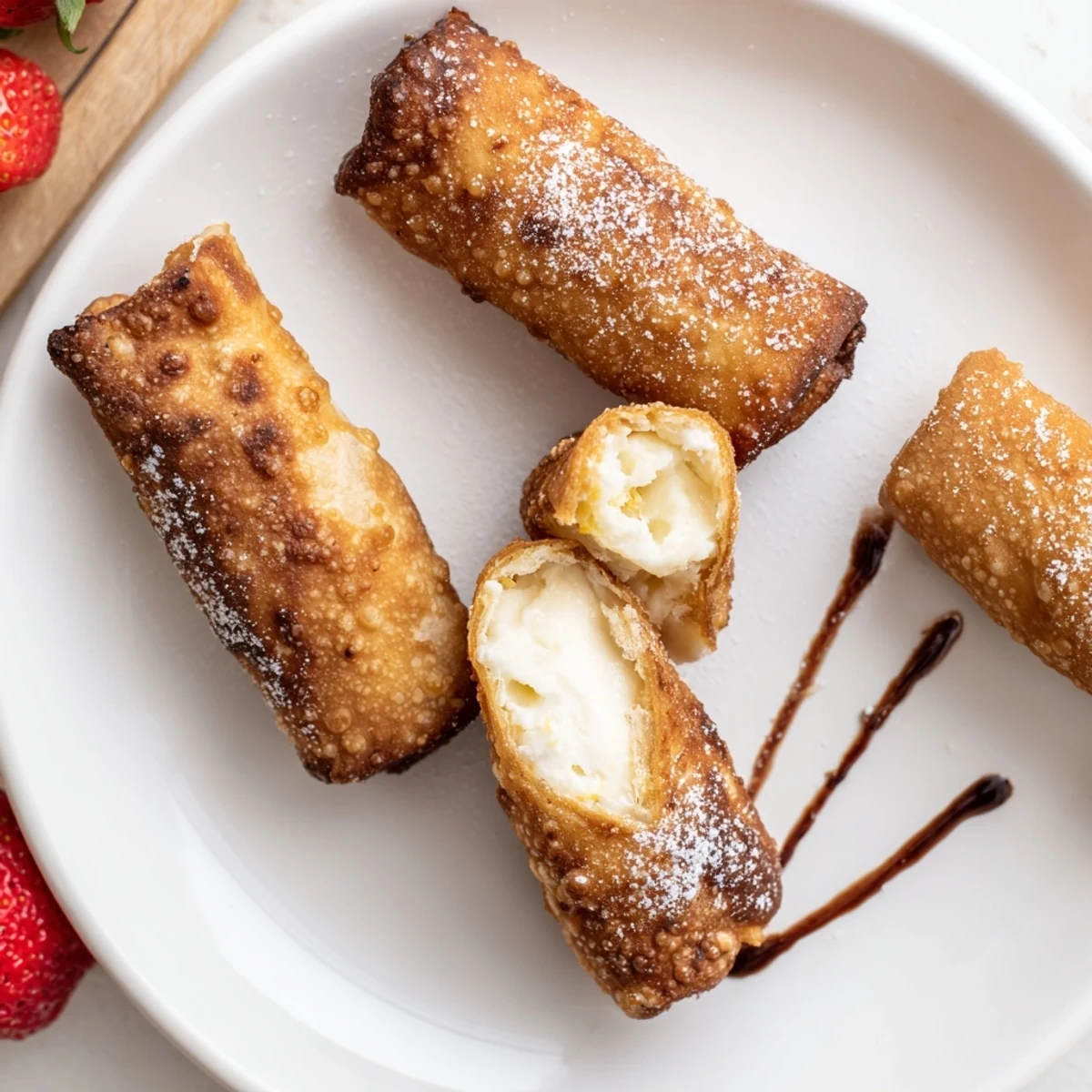 Creamy cheesecake egg rolls drizzled with chocolate sauce beside fresh red strawberries