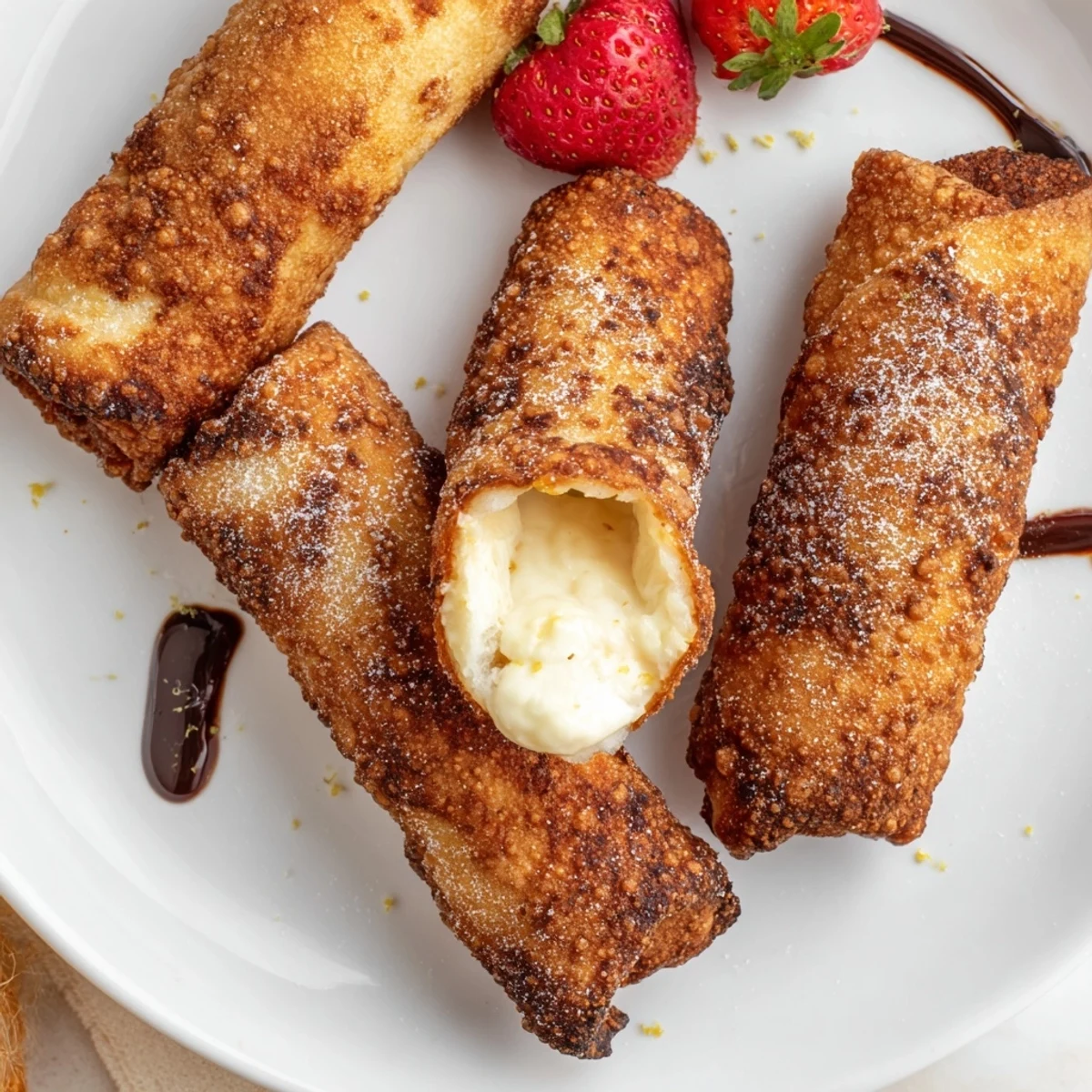 Crunchy cheesecake egg rolls served warm with berry compote in a white dish