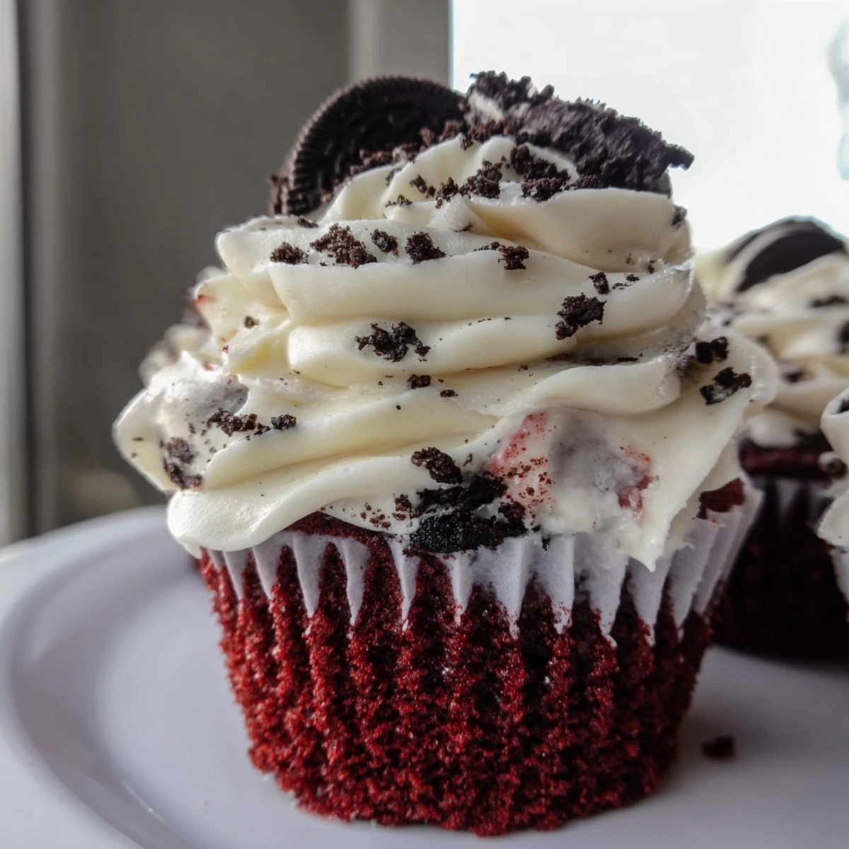 Tall red velvet Oreo cupcakes with swirled cream cheese frosting in bright natural light
