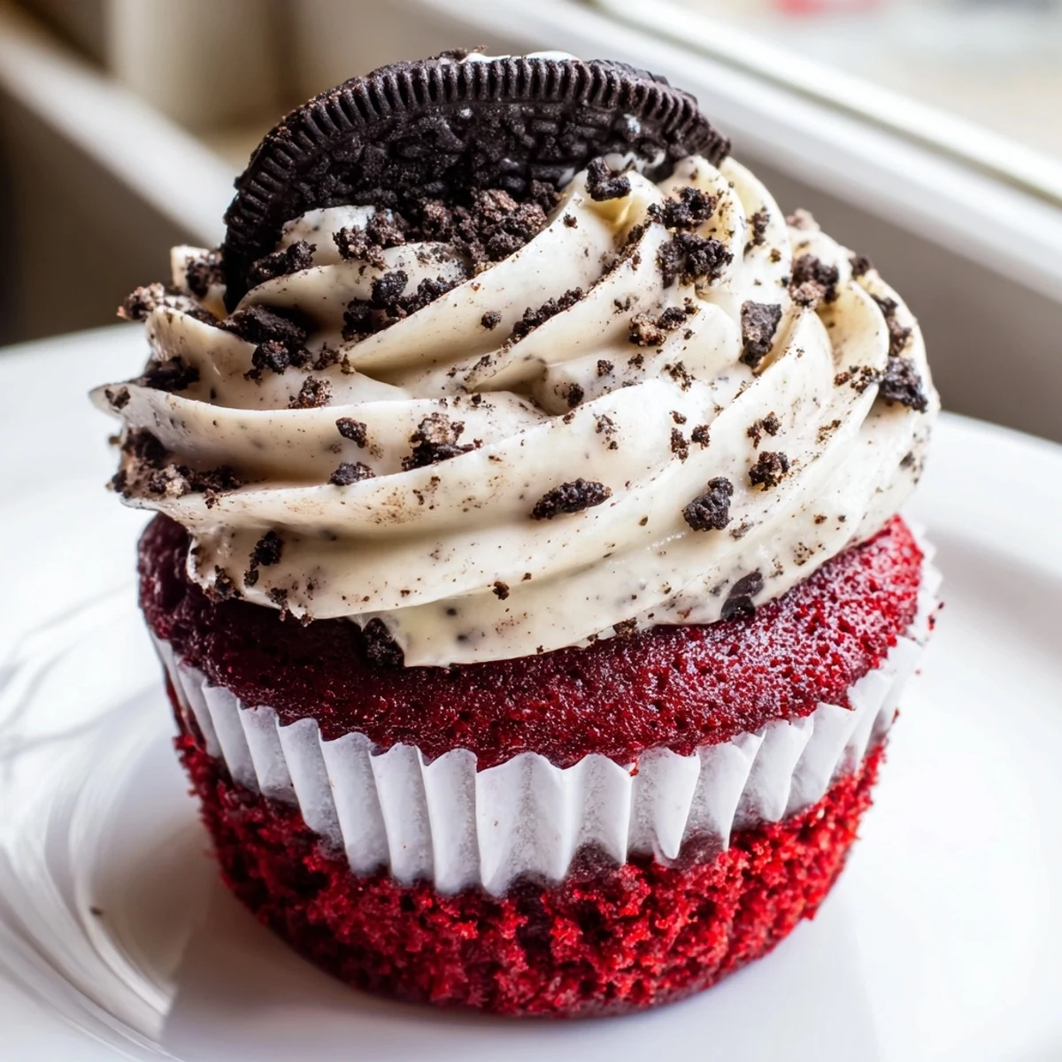 Frosted red velvet Oreo cupcakes topped with crushed cookie crumbs on a rustic plate