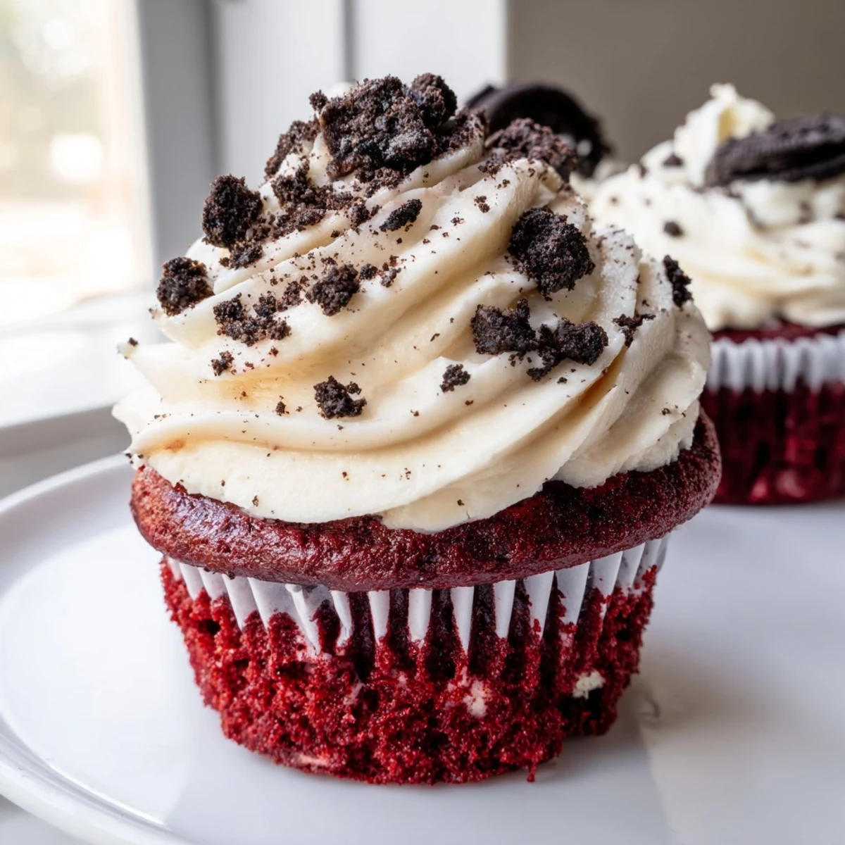 Moist red velvet Oreo cupcakes nestled in white liners showing rich crimson cake layers