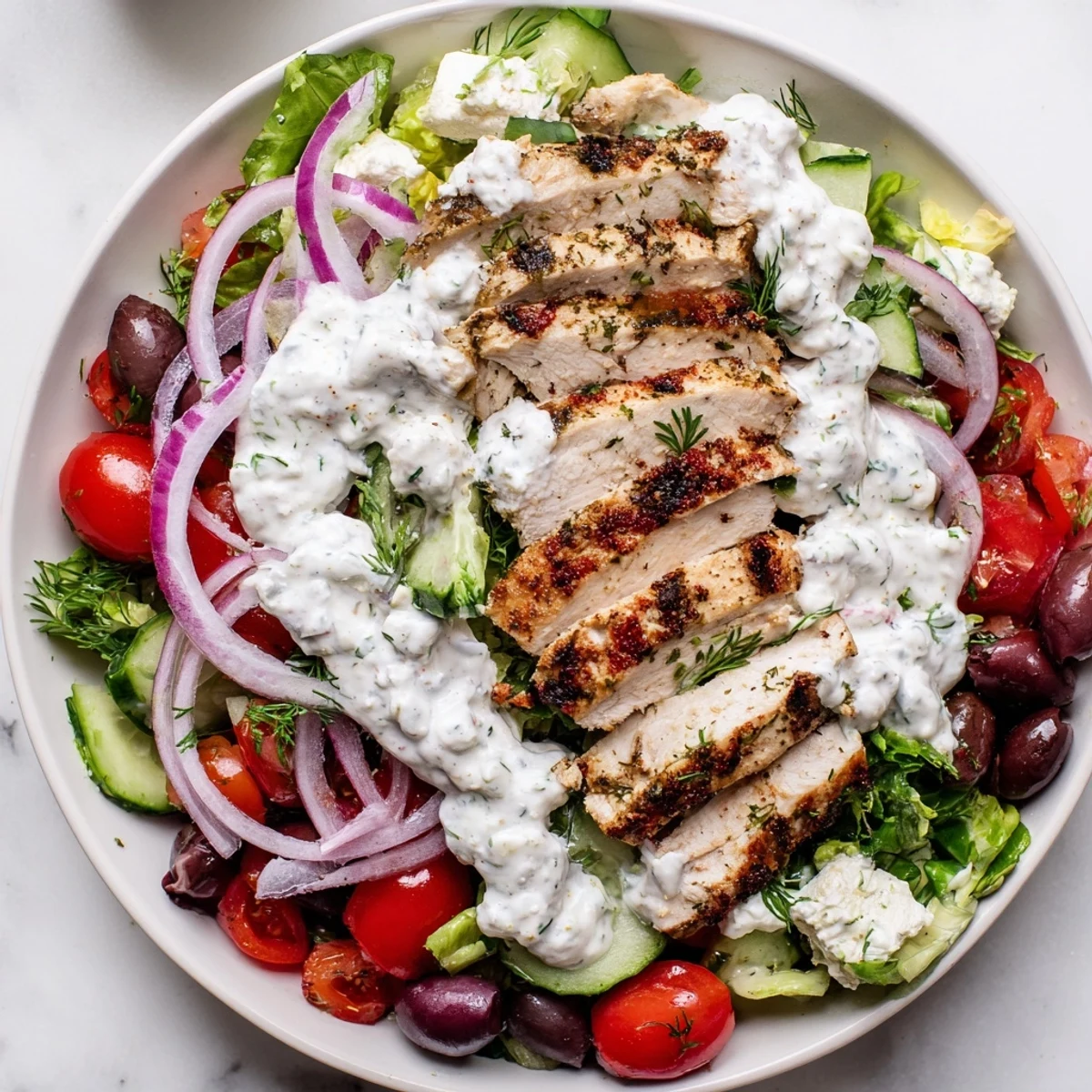 Golden grilled chicken rests on a bed of crisp greens in this Greek chicken salad drizzled with whipped feta dressing.