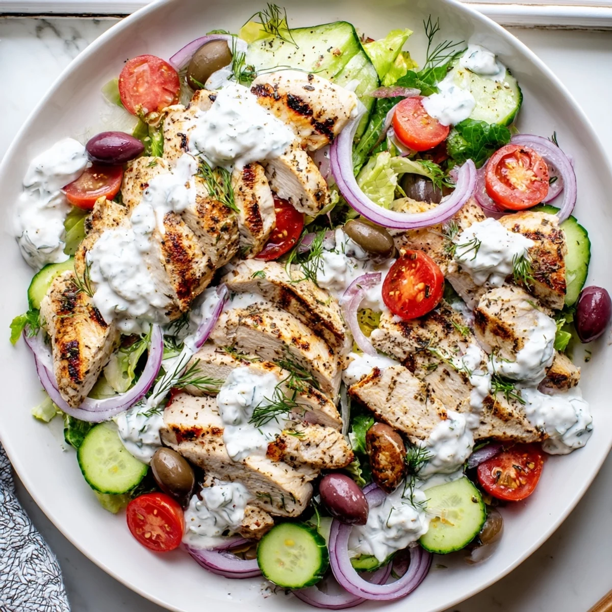 Juicy sliced chicken tops colorful Mediterranean vegetables with creamy whipped feta dressing pooling over this vibrant Greek chicken salad.
