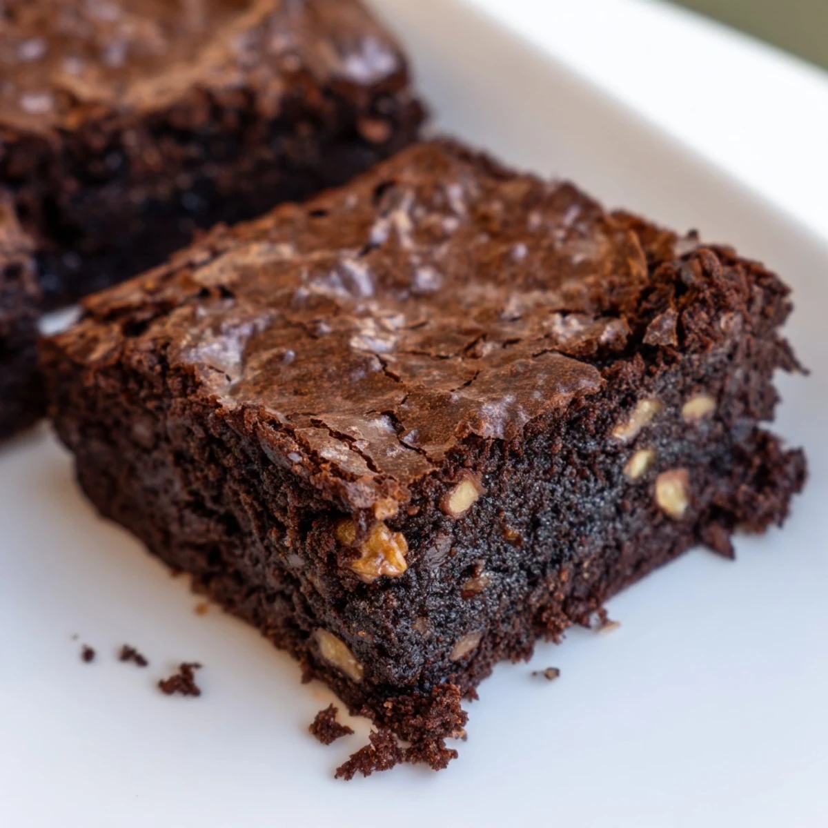 Fudgy chocolate brownies with a crackly top, cut into squares on a rustic cutting board