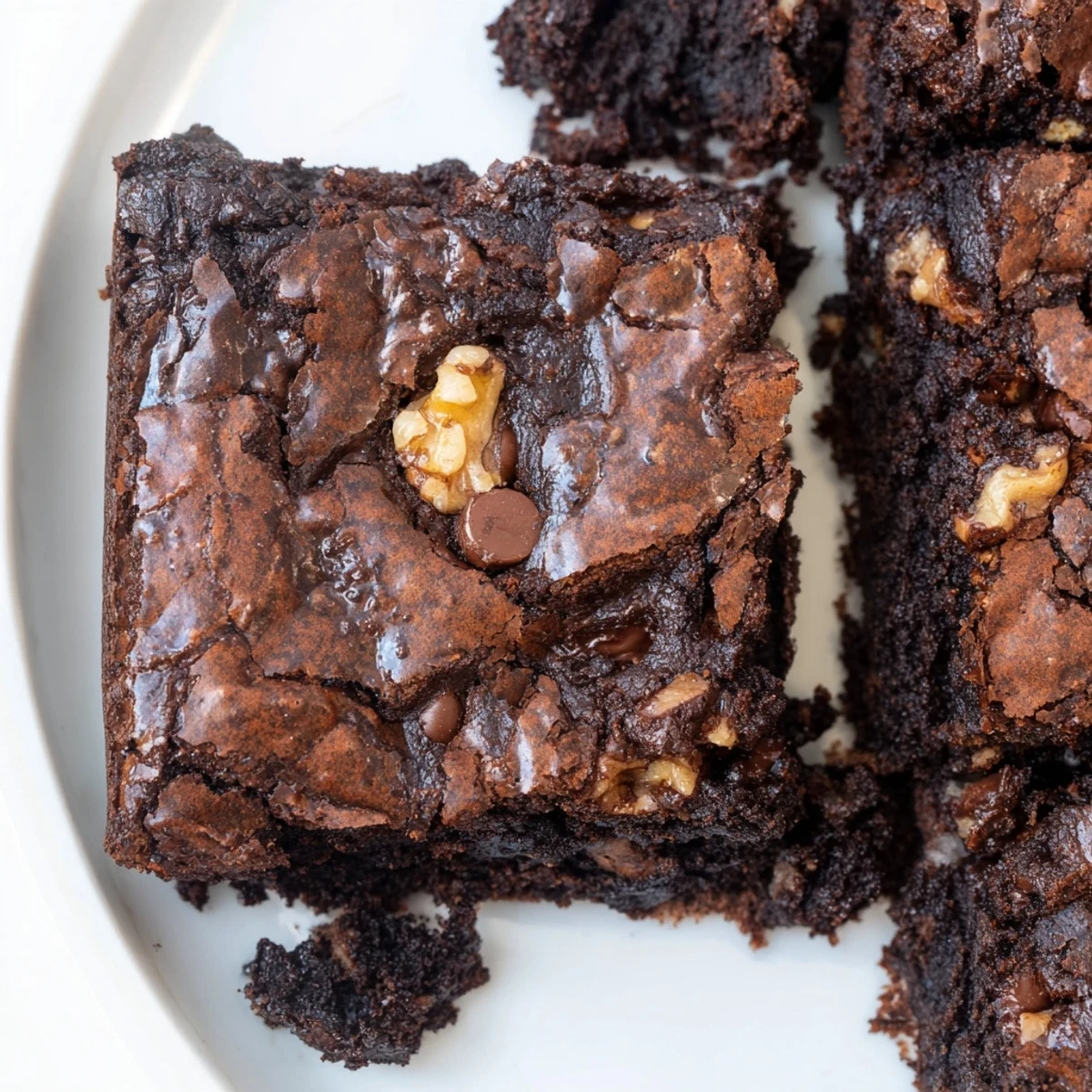Rich dark chocolate brownies topped with chopped walnuts, served warm on a white plate